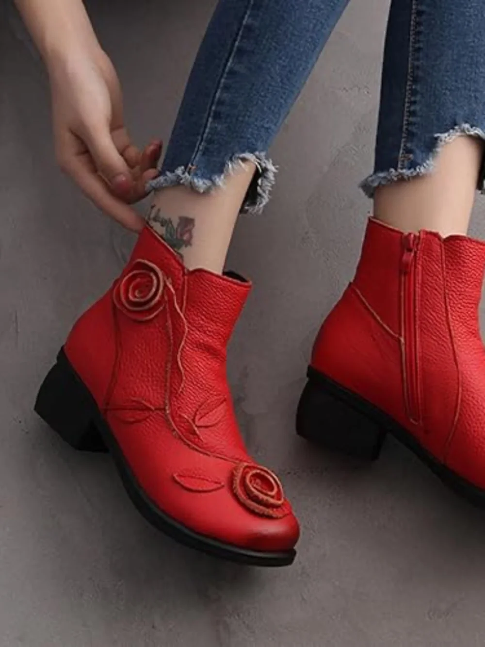 NWOT Red Genuine Leather Ankle Boots Floral Appliqué, Round Toe, Block Heel 8.5